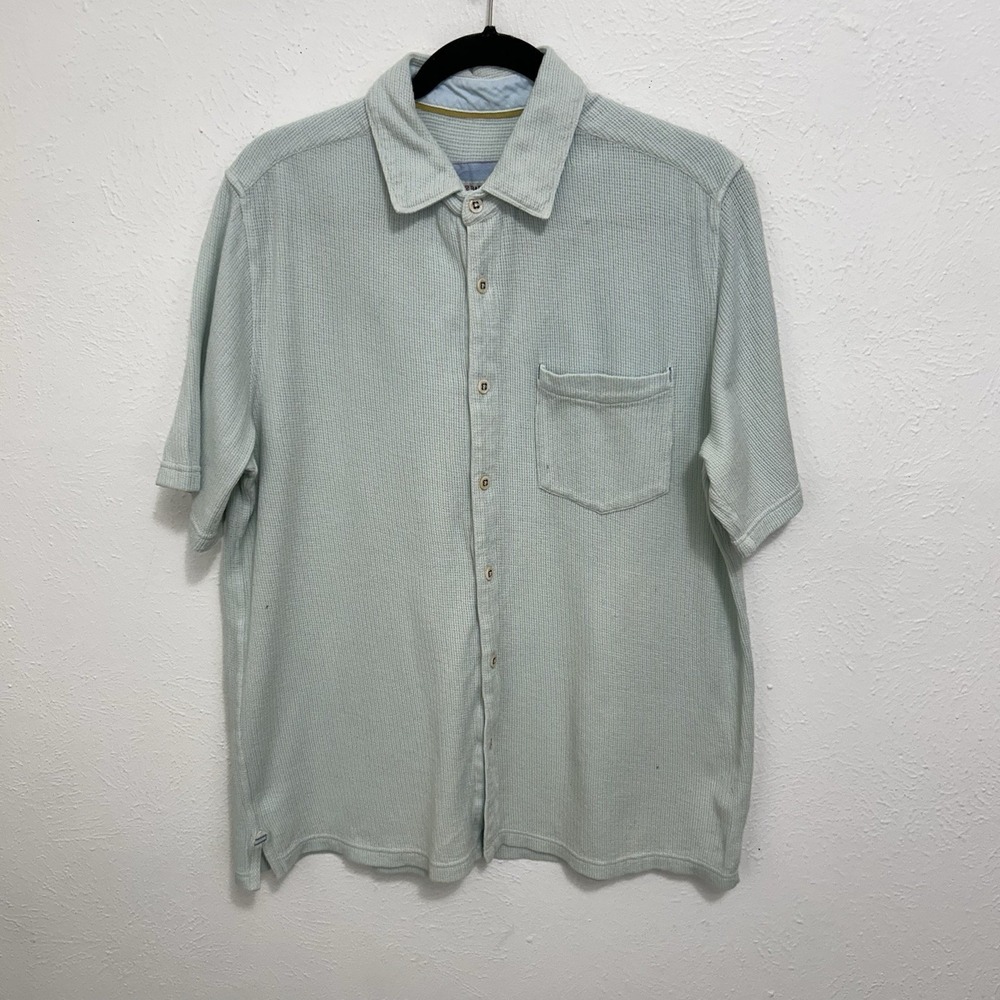 32 Bar Blues Short Sleeve Knit‎ Shirt Cloud Blue Ripple Texture Size M Stretch